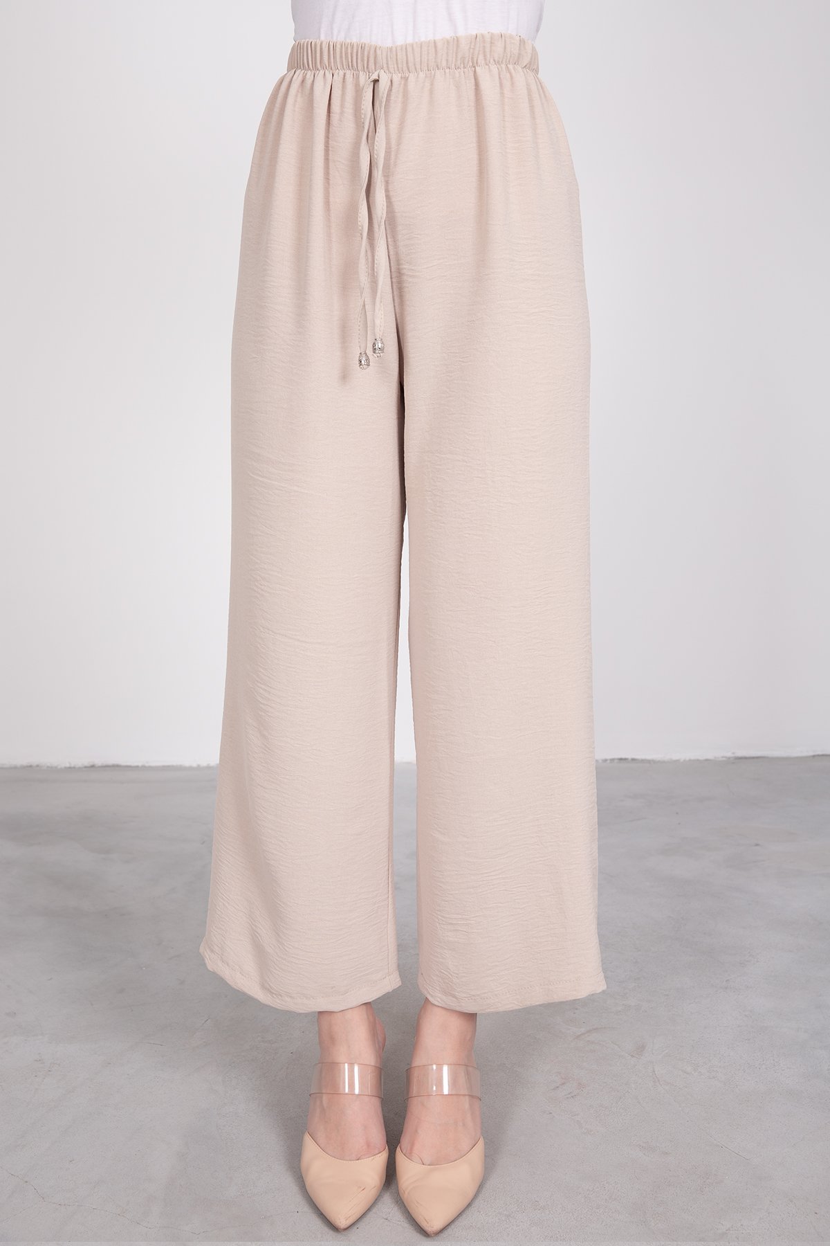 Oversize Bağcıklı Tesettür Pantolon Krem
