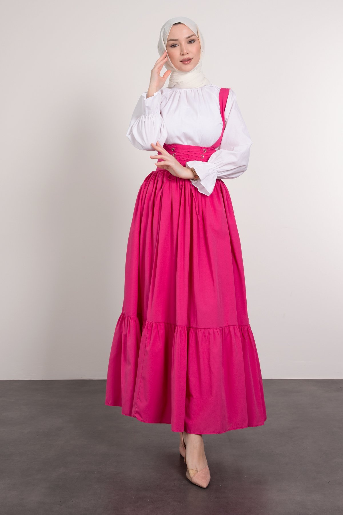 Askılı Çapraz İnce Bağcıklı Tesettür Elbise Pembe