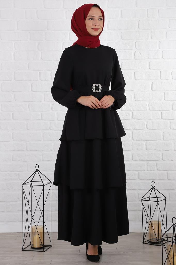 Beli Kemerli Kat Kat Tesettür Elbise Siyah