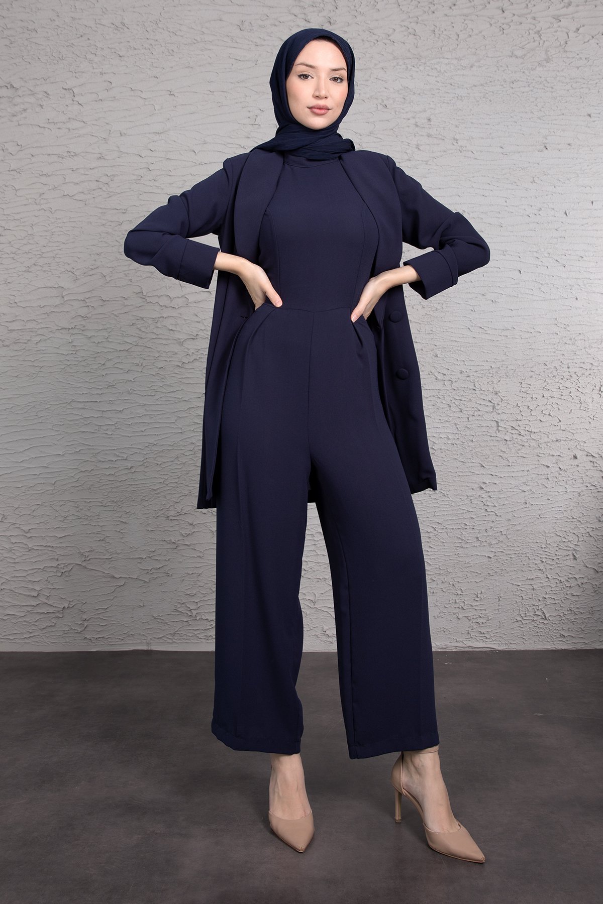 Tulumlu Blazer Detaylı Tesettür Takım Lacivert