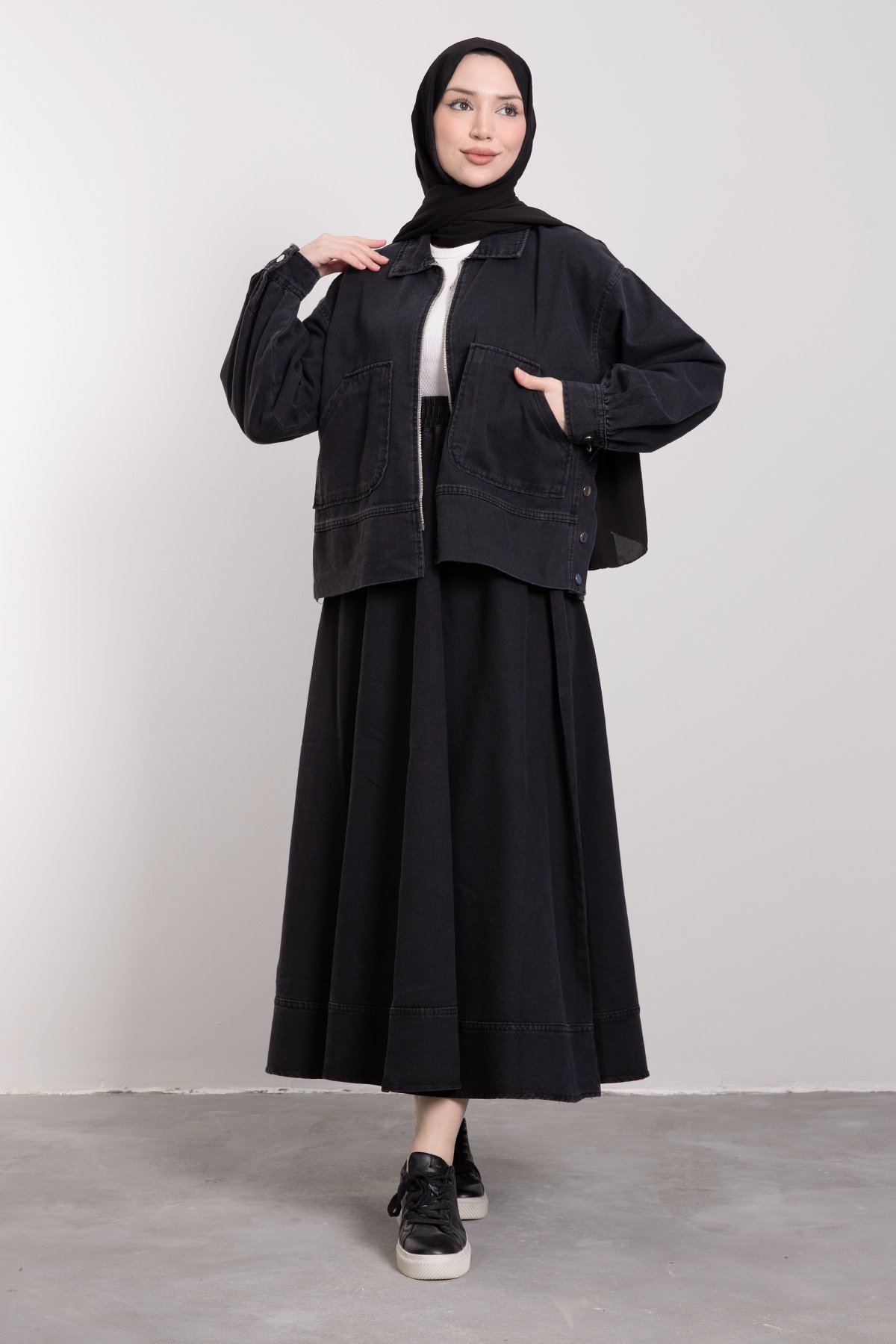 Oversize Cepli Fermuar Kapama Tensel Jean Takım Siyah