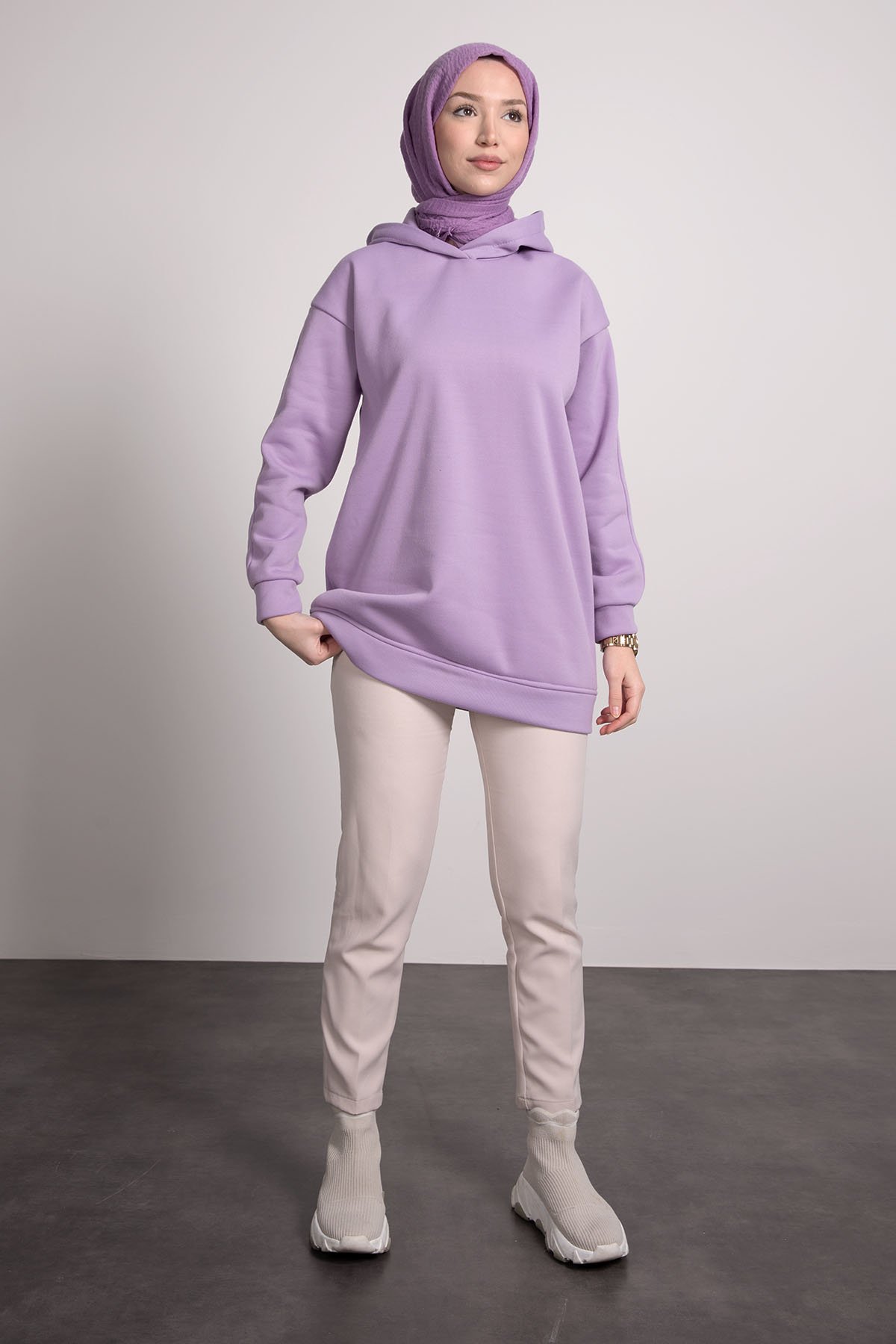 Kapüşonlu Tesettür Sweat Lila