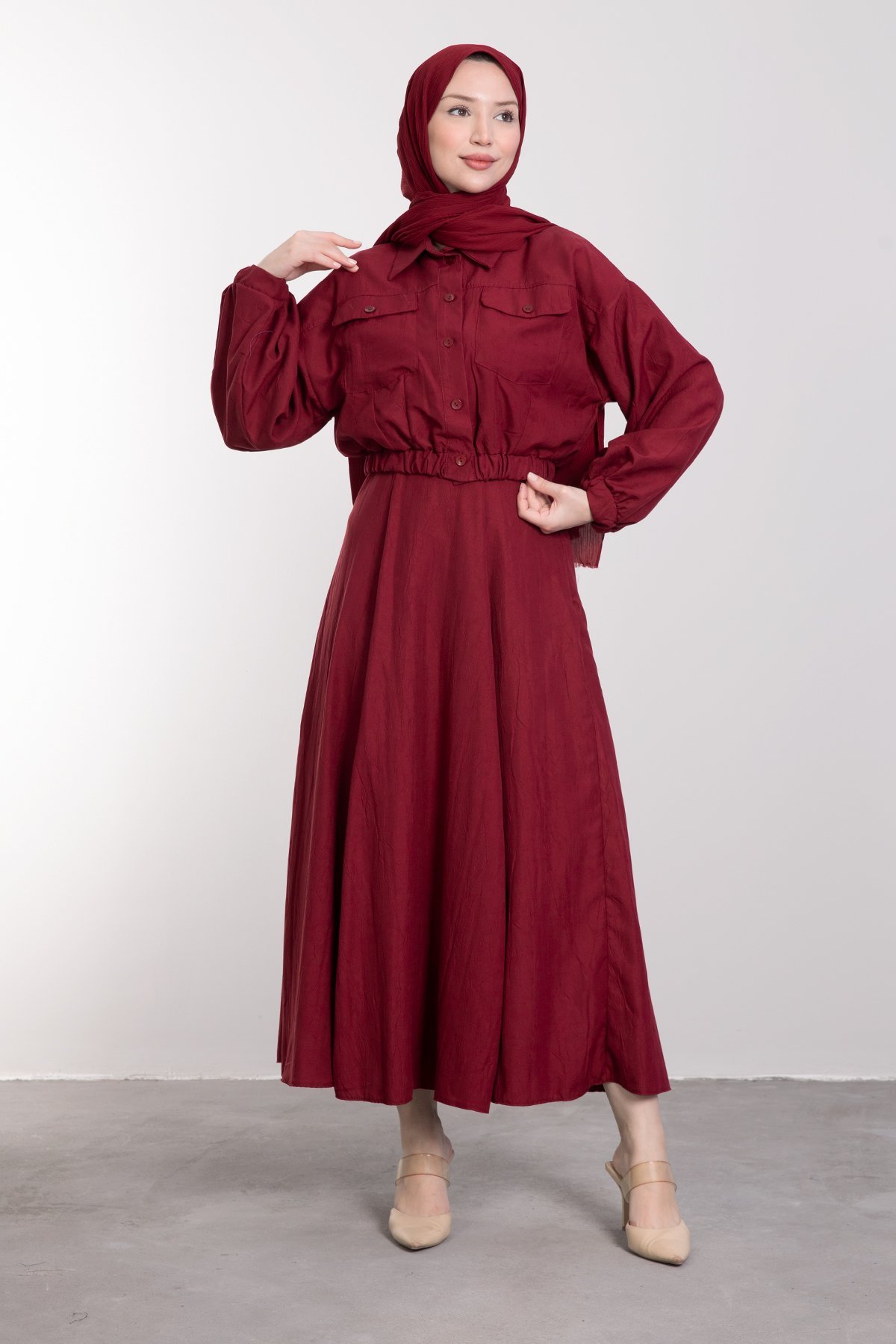 Spor Crop Ceketli Etekli Tesettür Takım Bordo