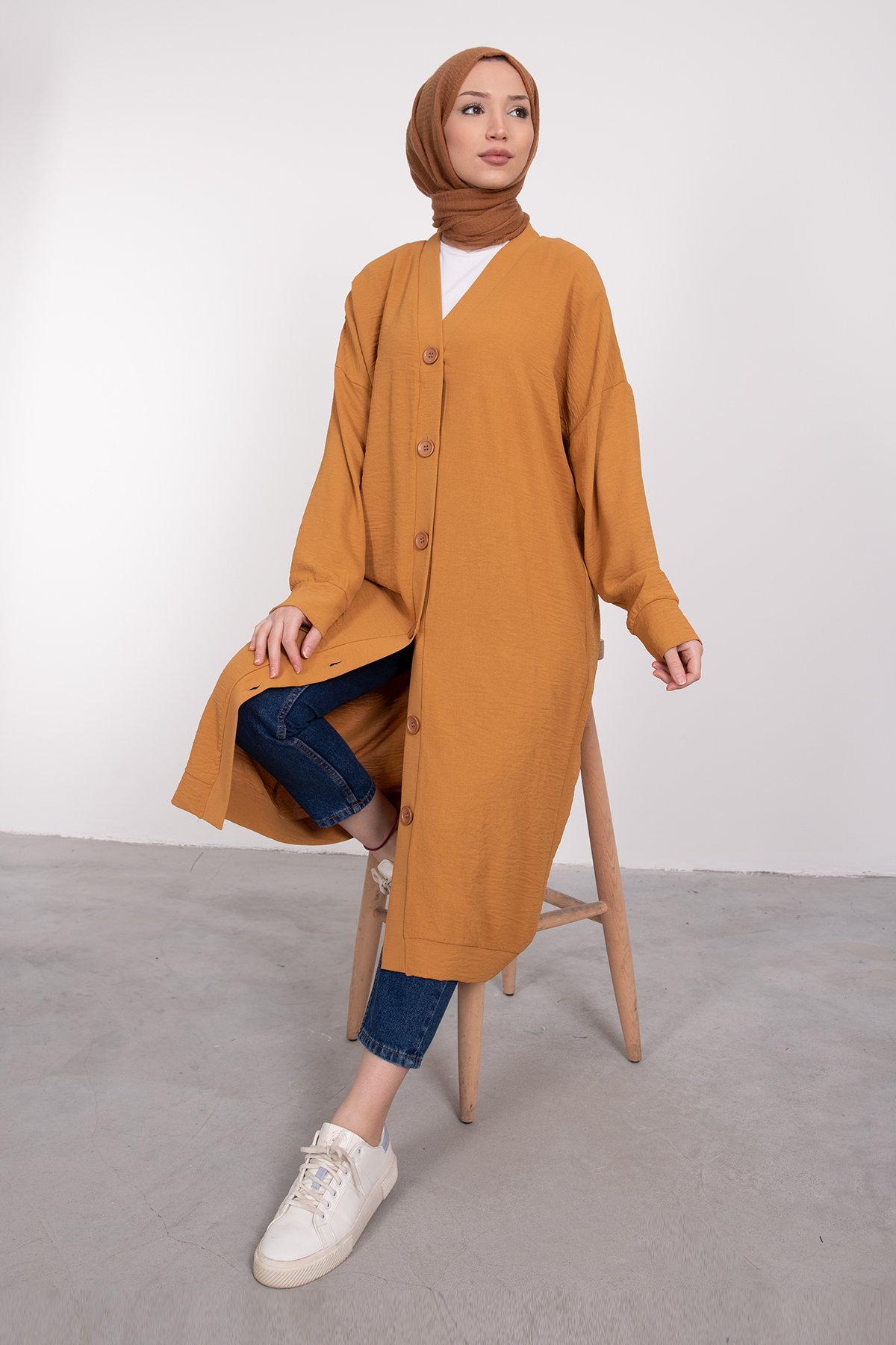 Boydan Düğmeli Oversize Tesettür Tunik Hardal