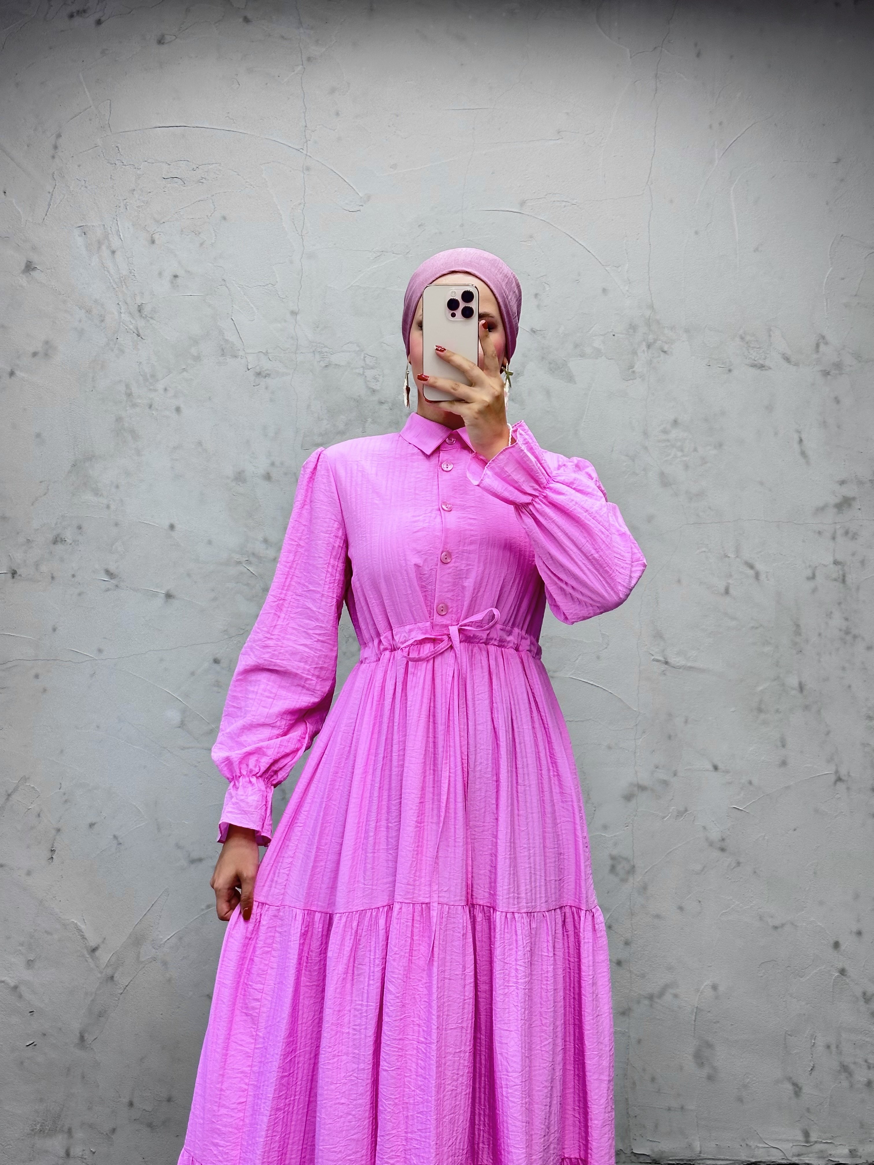 Modern Beli Ayarlanabilir Spor Kesim Tesettür Elbise Pembe