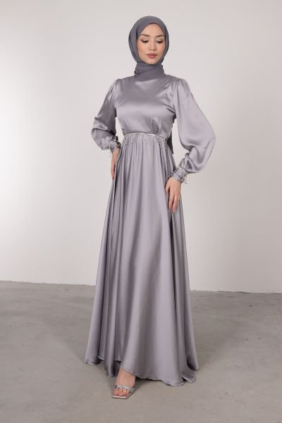 Beli Sallantılı Kristal İşlemeli Tesettür Abiye Gri