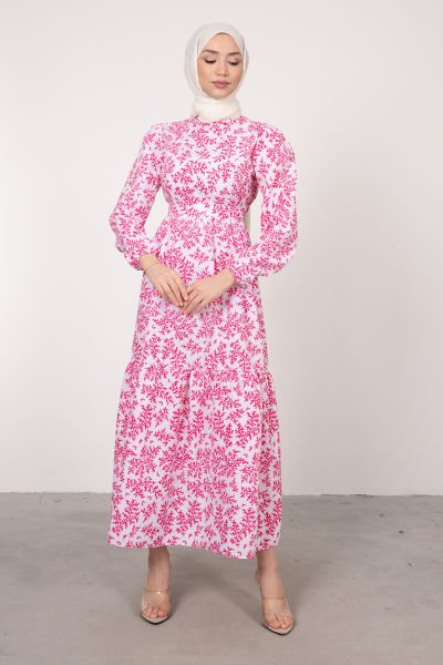 Mercan Desenli Poplin Tesettür Elbise Pembe