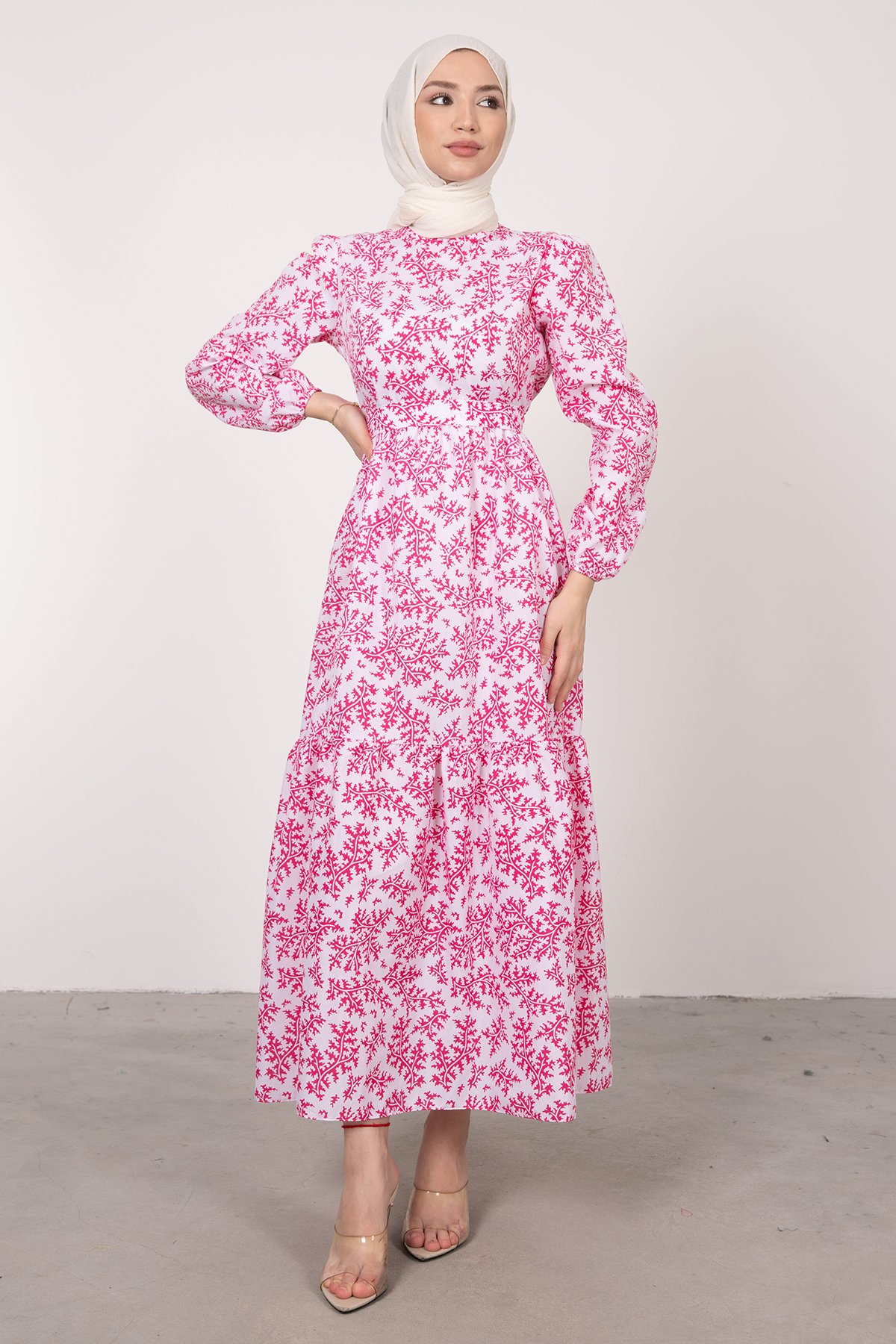 Mercan Desenli Poplin Tesettür Elbise Pembe