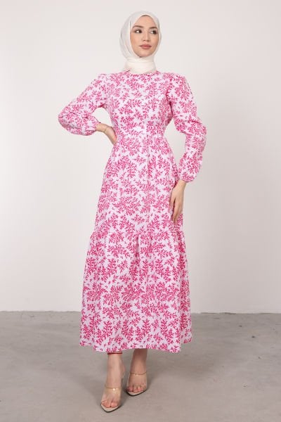 Mercan Desenli Poplin Tesettür Elbise Pembe