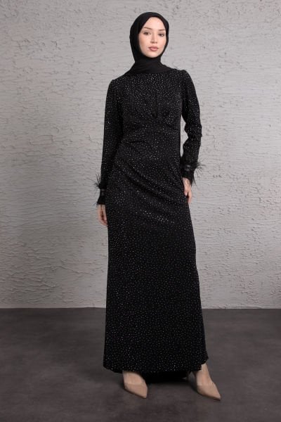 Minimal Pırıltı İşlemeli  Kuyruklu Tesettür Abiye Siyah