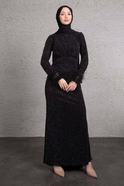 Minimal Pırıltı İşlemeli  Kuyruklu Tesettür Abiye Siyah