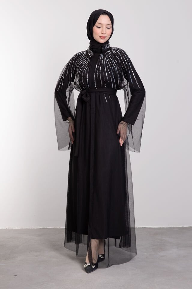 Üstü Pırıltılı Mini Kare Taş İşlemeli Tül Tesettür Abaya Siyah