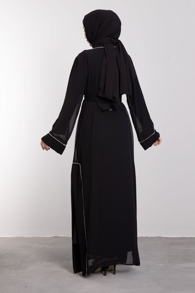 Yan Yırtmaç Detaylı Pırıltılı Kristalli Tesettür Abaya Siyah
