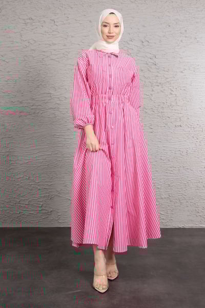 Minimalist Cep Detaylı Çizli Tesettür Elbise Pembe