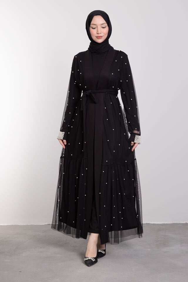 Aralıklı İnci İşlemeli Tül Tesettür Abaya Siyah