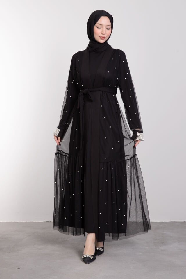 Aralıklı İnci İşlemeli Tül Tesettür Abaya Siyah