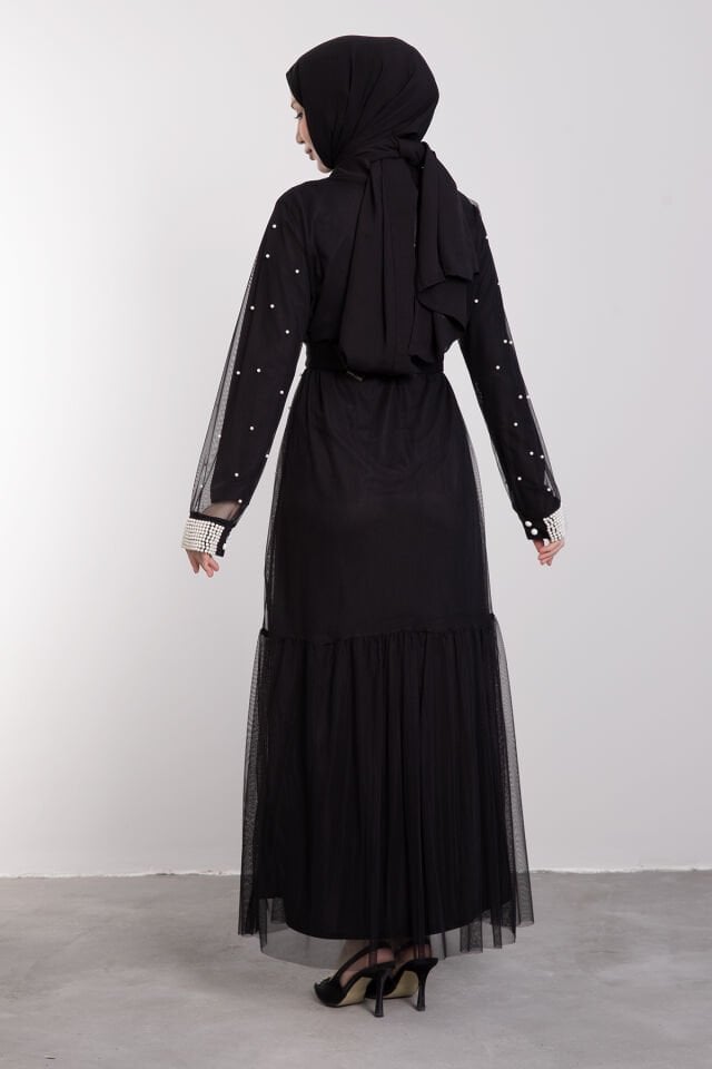 Aralıklı İnci İşlemeli Tül Tesettür Abaya Siyah