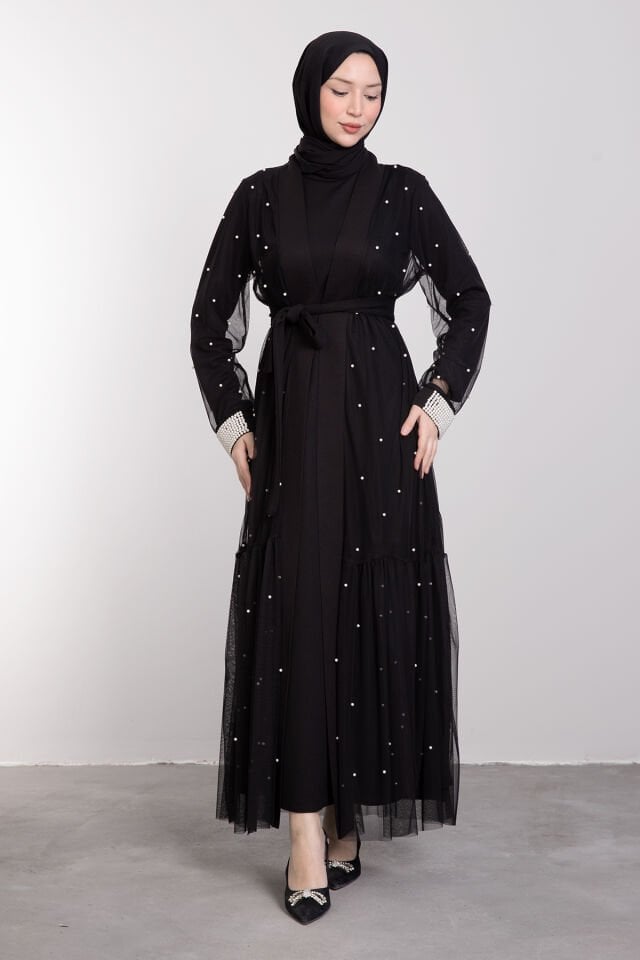 Aralıklı İnci İşlemeli Tül Tesettür Abaya Siyah