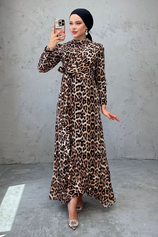 Modern Leopar Desenli Şifon Tesettür Abiye