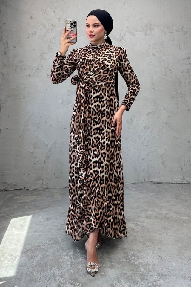 Modern Leopar Desenli Şifon Tesettür Abiye