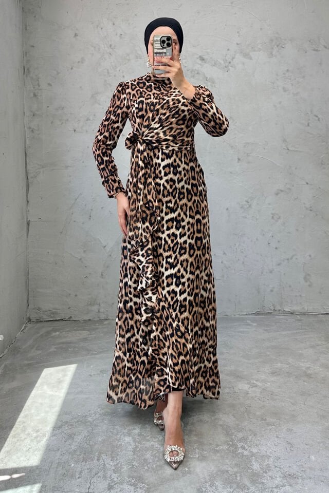 Modern Leopar Desenli Şifon Tesettür Abiye