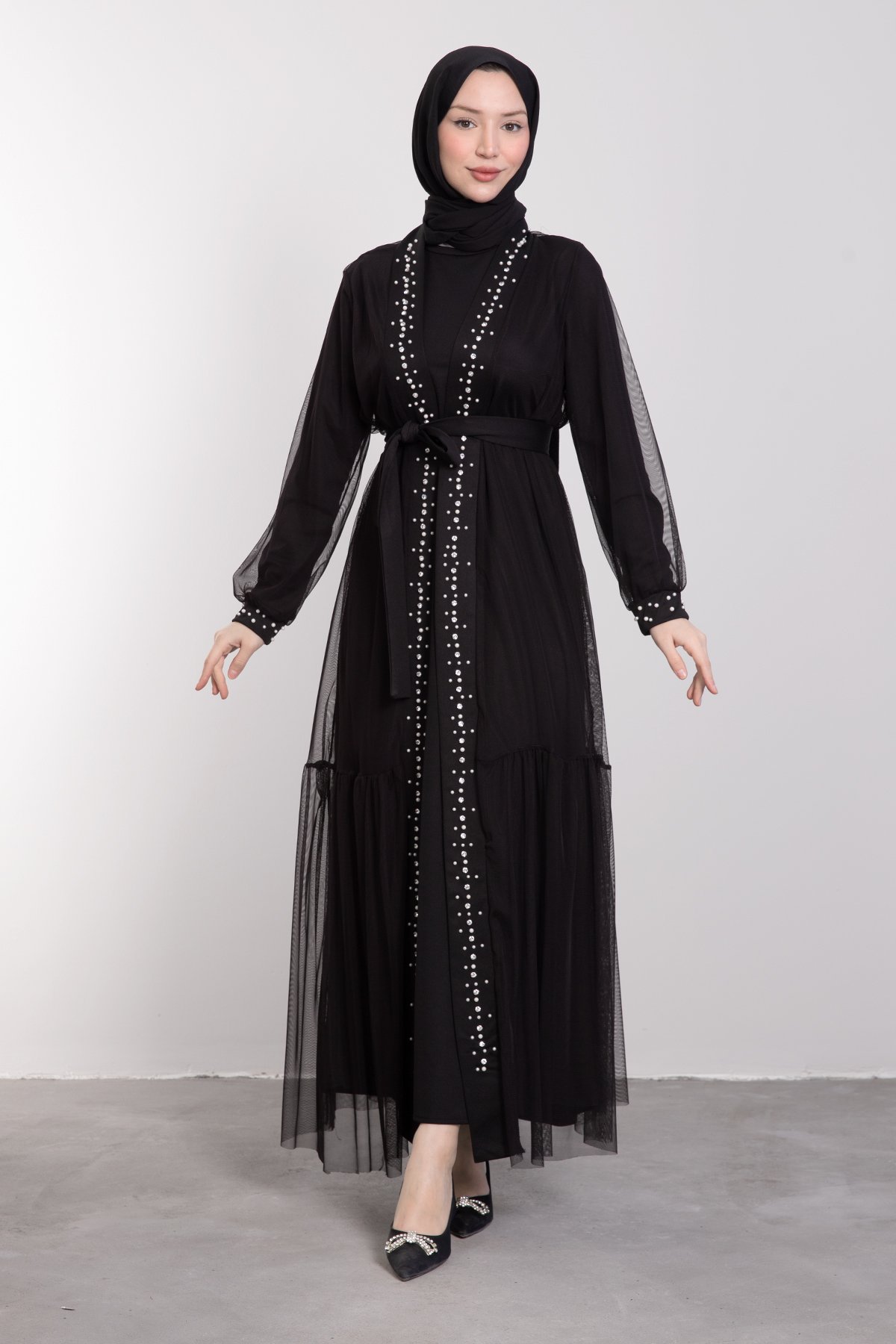 Uzun Şerit Kristal İşlemeli Tül Tesettür Abaya Siyah