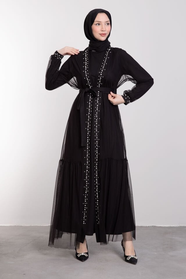 Uzun Şerit Kristal İşlemeli Tül Tesettür Abaya Siyah