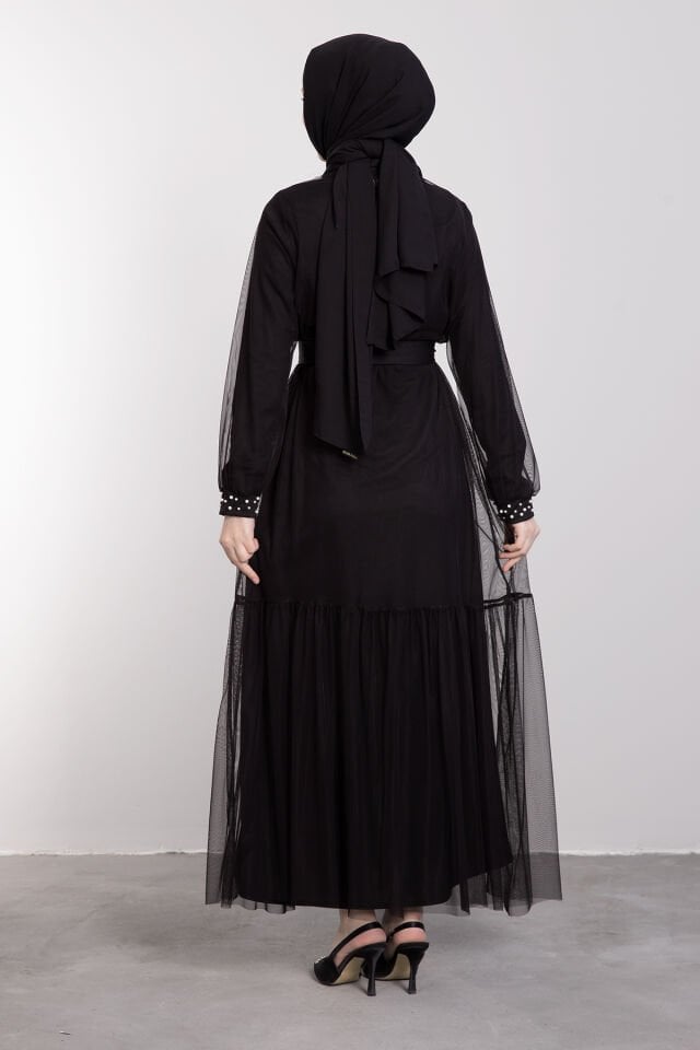 Uzun Şerit Kristal İşlemeli Tül Tesettür Abaya Siyah