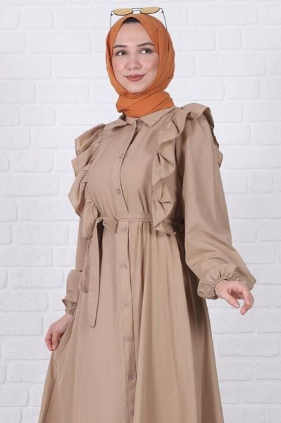 Yakası Fırfırlı Belden Bağlamalı Elbise Vizon