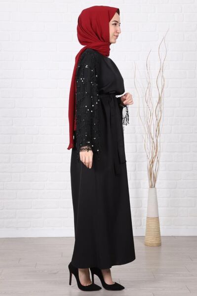Kolları Püskül Detaylı Tesettür Elbise Siyah