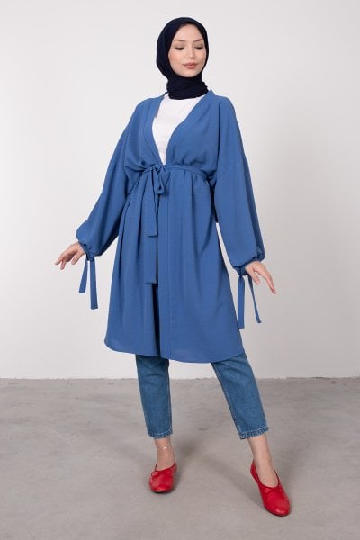 Geniş Balon Kol Kuşaklı Tesettür Kimono İndigo