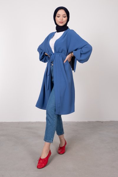 Geniş Balon Kol Kuşaklı Tesettür Kimono İndigo
