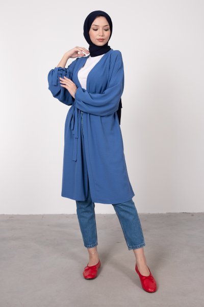 Geniş Balon Kol Kuşaklı Tesettür Kimono İndigo
