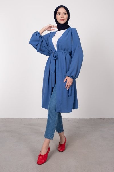 Geniş Balon Kol Kuşaklı Tesettür Kimono İndigo