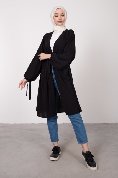 Geniş Balon Kol Kuşaklı Tesettür Kimono Siyah