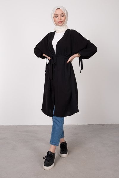 Geniş Balon Kol Kuşaklı Tesettür Kimono Siyah