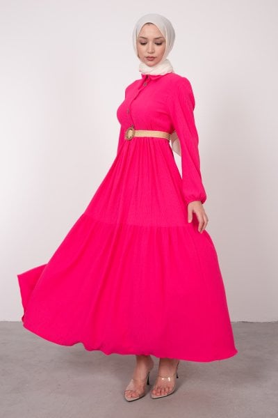 Dokulu Kumaşlı Kemerli Tesettür Elbise Pembe