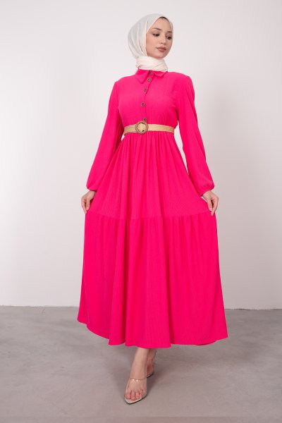 Dokulu Kumaşlı Kemerli Tesettür Elbise Pembe