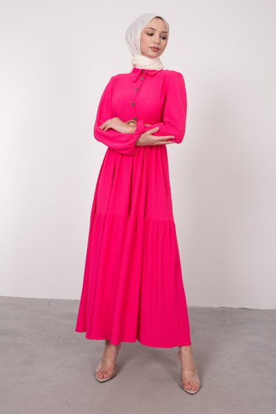 Dokulu Kumaşlı Kemerli Tesettür Elbise Pembe