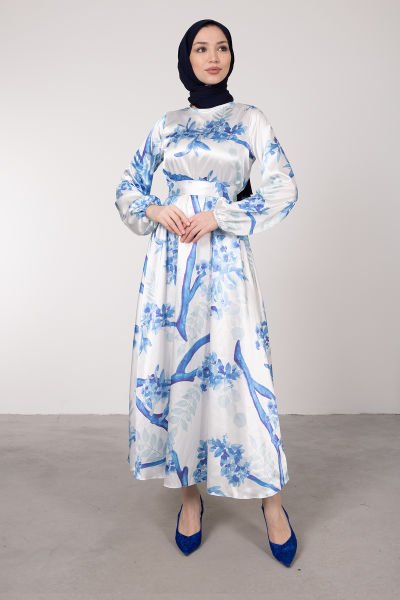 Japon Çiçeği Desenli Saten Tesettür Elbise Mavi