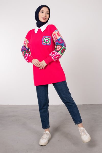 Kolları Etnik Desenli Tesettür Triko Tunik Pembe