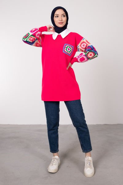 Kolları Etnik Desenli Tesettür Triko Tunik Pembe