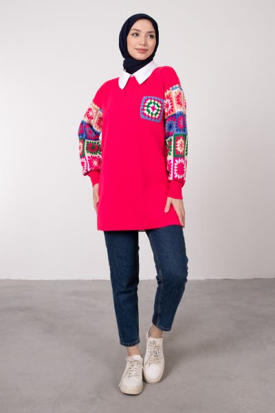 Kolları Etnik Desenli Tesettür Triko Tunik Pembe
