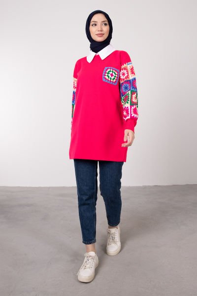 Kolları Etnik Desenli Tesettür Triko Tunik Pembe