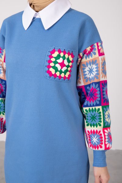 Kolları Etnik Desenli Tesettür Triko Tunik Mavi