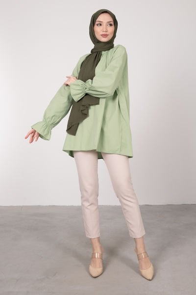 Oversize Kesim Manşet Detaylı Tesettür Tunik Su Yeşili