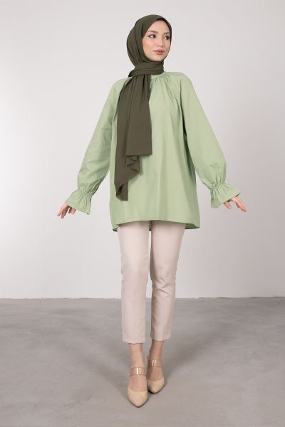 Oversize Kesim Manşet Detaylı Tesettür Tunik Su Yeşili