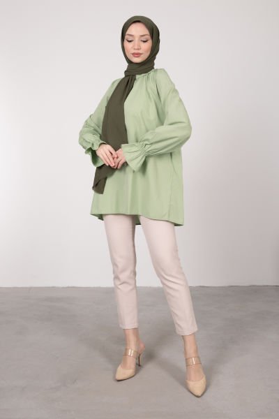 Oversize Kesim Manşet Detaylı Tesettür Tunik Su Yeşili