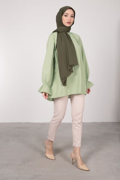Oversize Kesim Manşet Detaylı Tesettür Tunik Su Yeşili