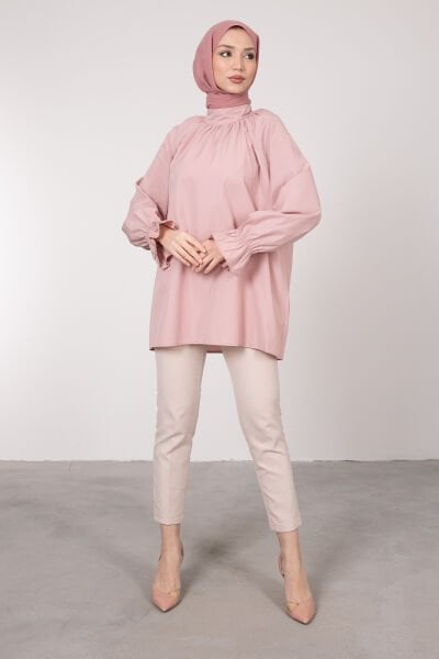 Oversize Kesim Manşet Detaylı Tesettür Tunik Pudra